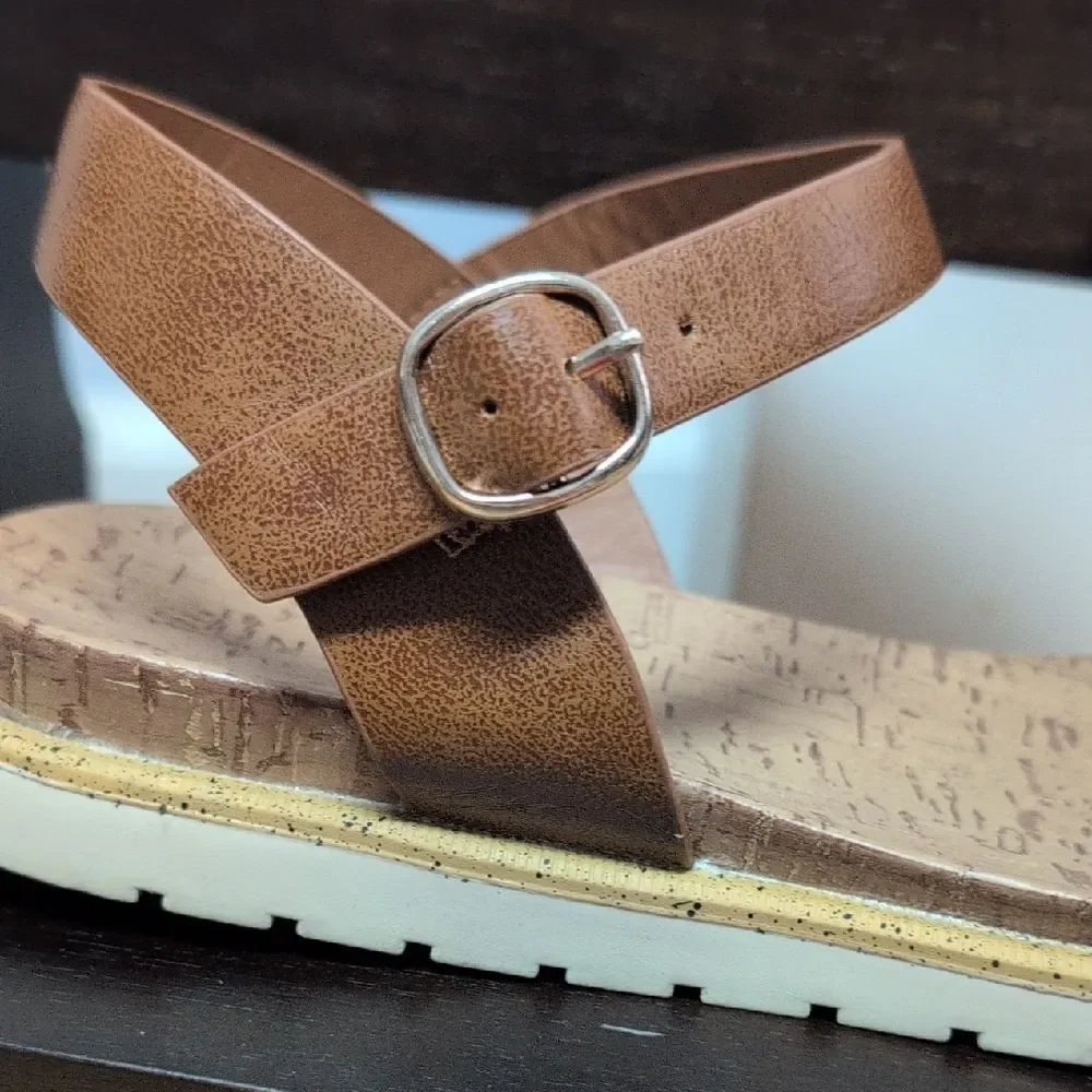 Sun + Stone Mattie Cognac Faux Leather Toe Band/AnkleStrap Buckle Sandals Sz 8M